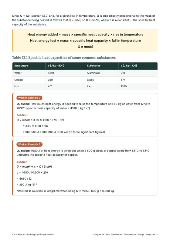 Notes page with worked examples on specific heat capacity